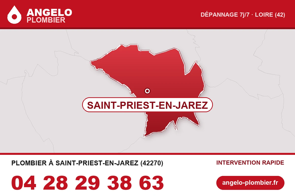 Carte de la commune de Saint-Priest-en-Jarez (42270) — zone d’intervention ANGELO Plombier