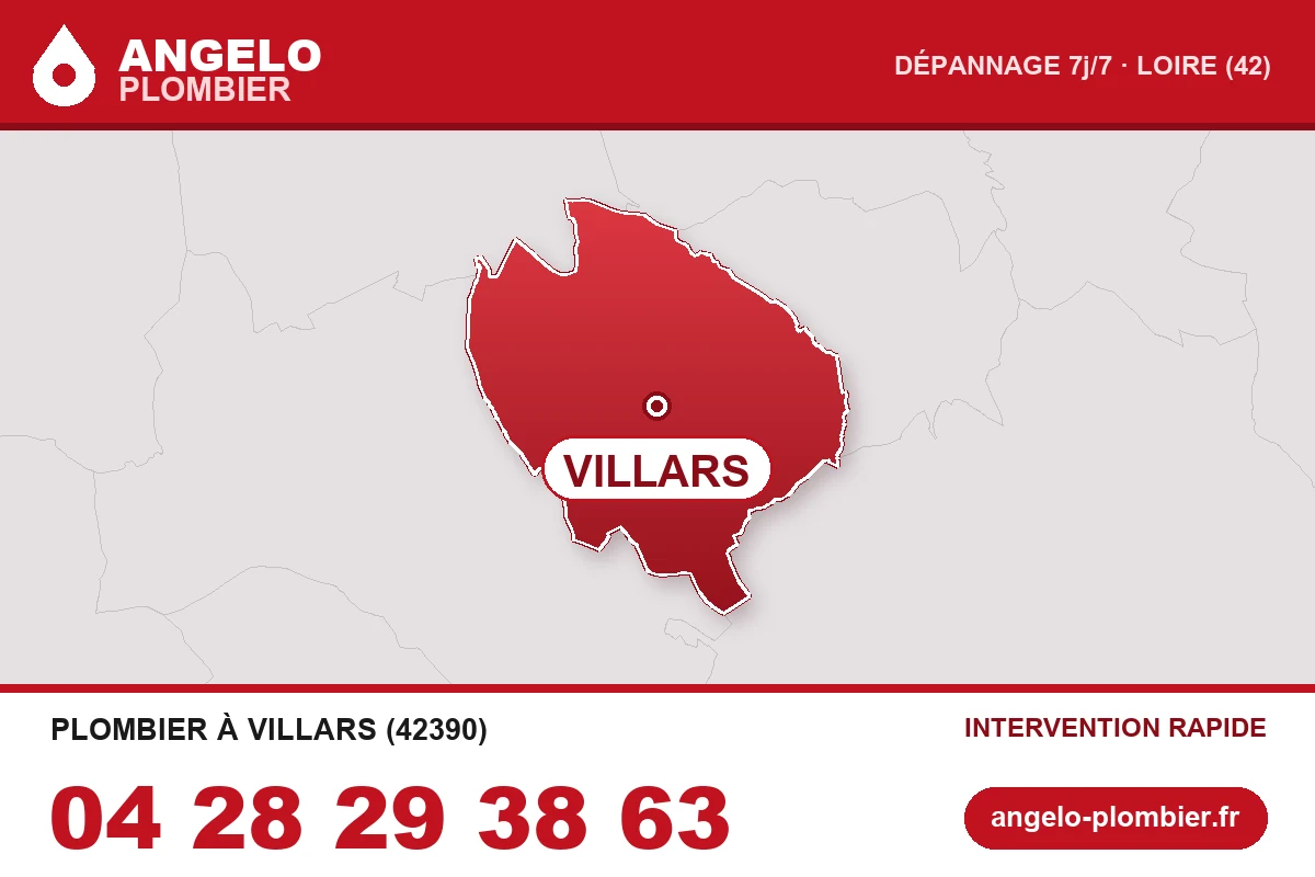 Carte de la commune de Villars (42390) — zone d’intervention ANGELO Plombier